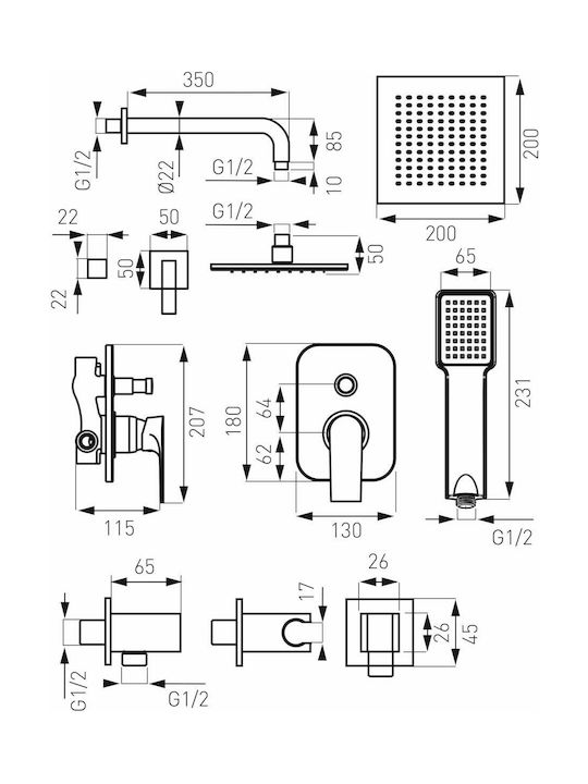 Ferro Algeo Built-in Mixer, Hand Shower & Shower Head Set for Shower 2 Exits Silver