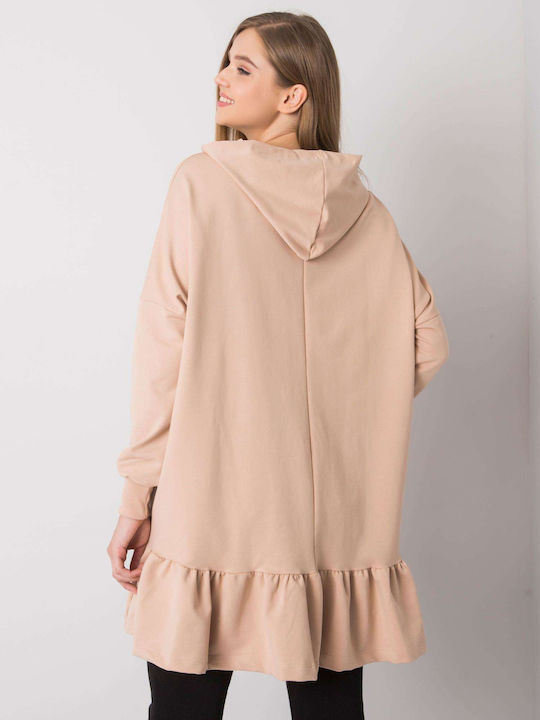 Fancy Damen Longshirt Langarm mit Kapuze Beige