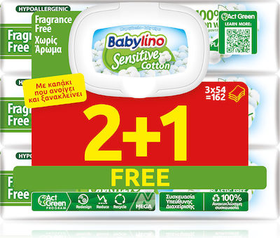 Babylino Sensitive Cotton Υποαλλεργικά Μωρομάντηλα χωρίς Parabens & Οινόπνευμα με Χαμομήλι 3x54τμχ