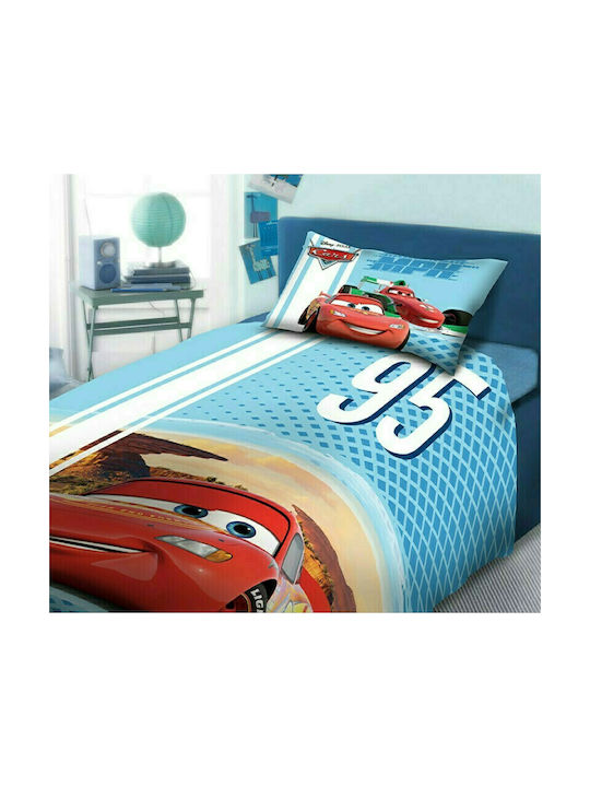 Dimcol Cotton Kids Duvet Cover Set Single with Pillowcase Cars Light Blue 160x240cm