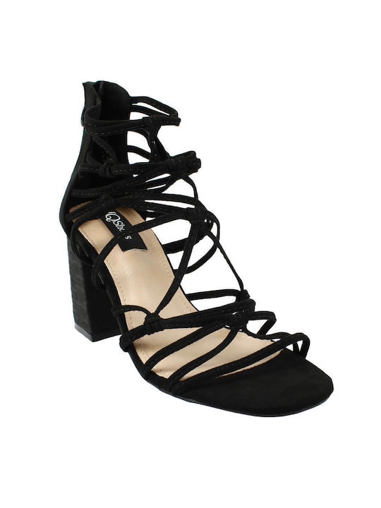 IQ Shoes Suede Women's Sandals Black with Chunky High Heel