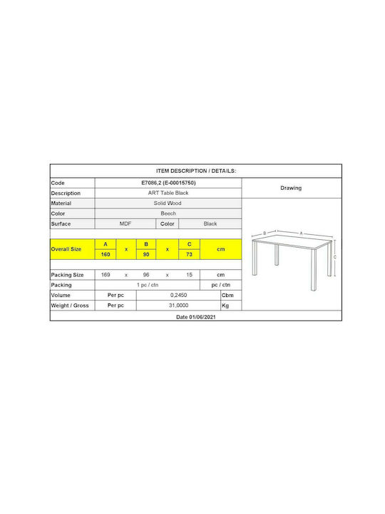 Art Table Kitchen Wooden 160x90x73cm