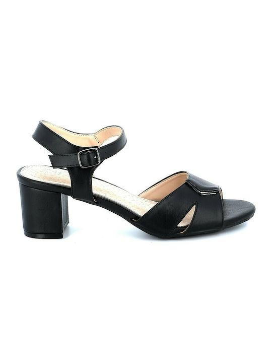 B-Soft Anatomic Women's Sandals with Ankle Strap Black with Chunky Medium Heel