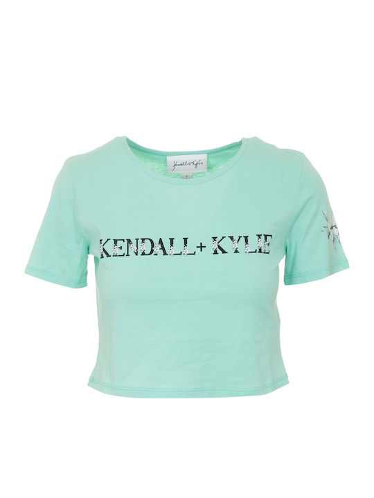 Flower Logo Γυναικείο Καλοκαιρινό Crop Top Βαμβακερό Κοντομάνικο Floral Pistachio