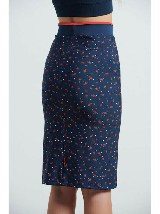 Grandma Pencil Ψηλόμεση Midi Φούστα Floral Navy Μπλε