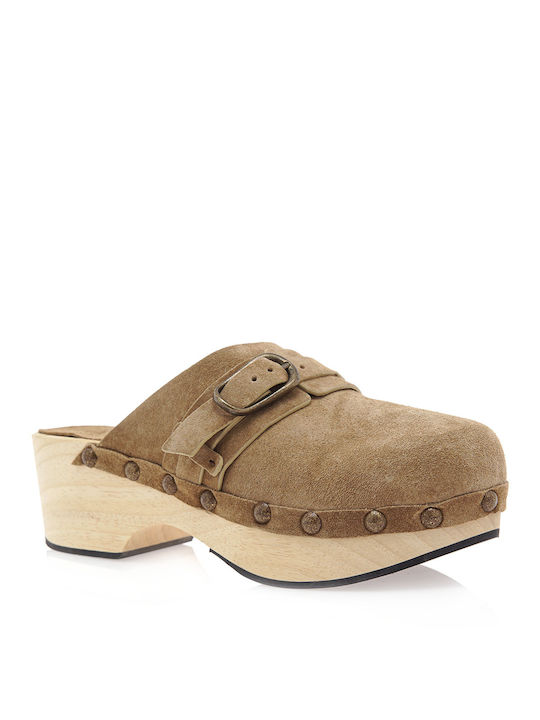 Alpe Leder Mules mit Chunky Niedrig Absatz in Beige Farbe