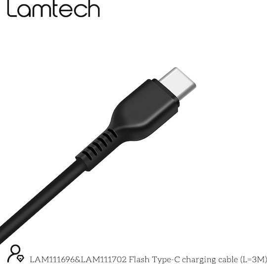 Lamtech USB 2.0 Cable USB-C male - USB-A 18W Μαύρο 3m LAM111696