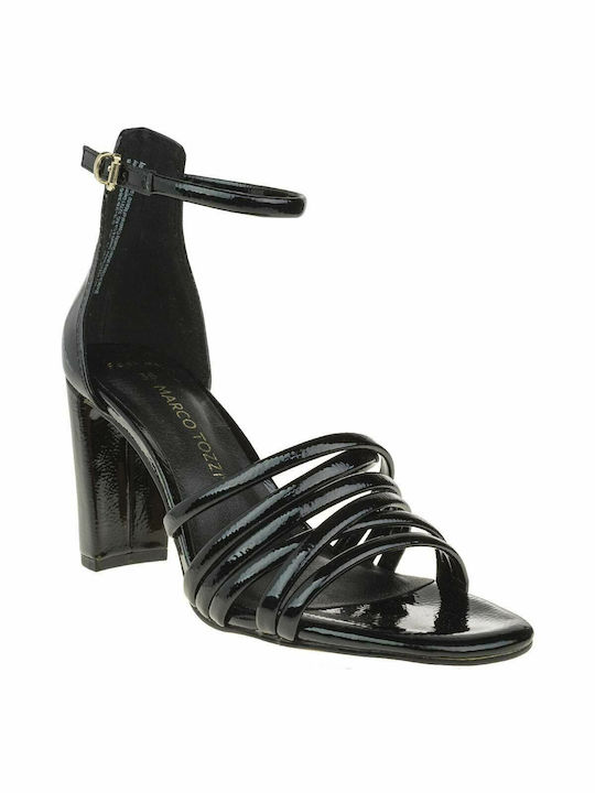 Marco Tozzi Patent Leather Women's Sandals with Ankle Strap Black with Thin High Heel