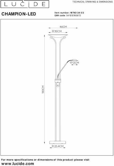 Lucide Lightning LED Floor Lamp H180xW25.4cm. with Warm White Light 1600lm Gold