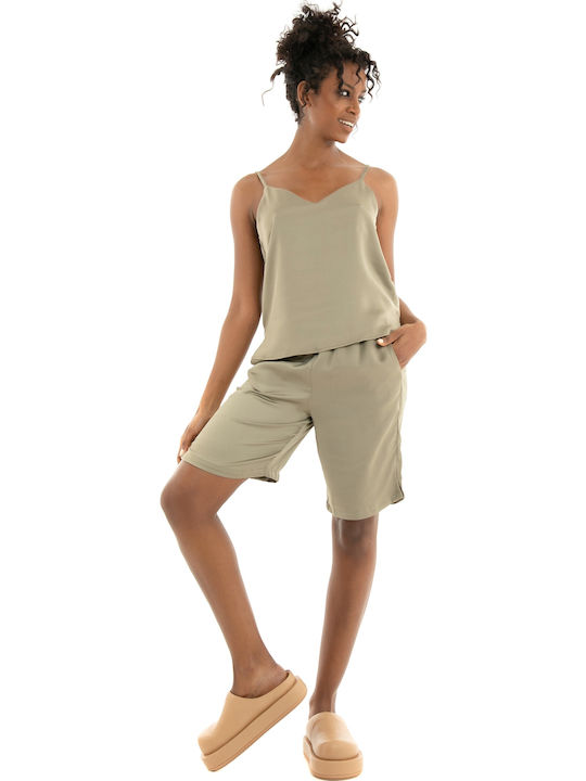 Women's Blouse Satin with Straps & V Neckline Beige