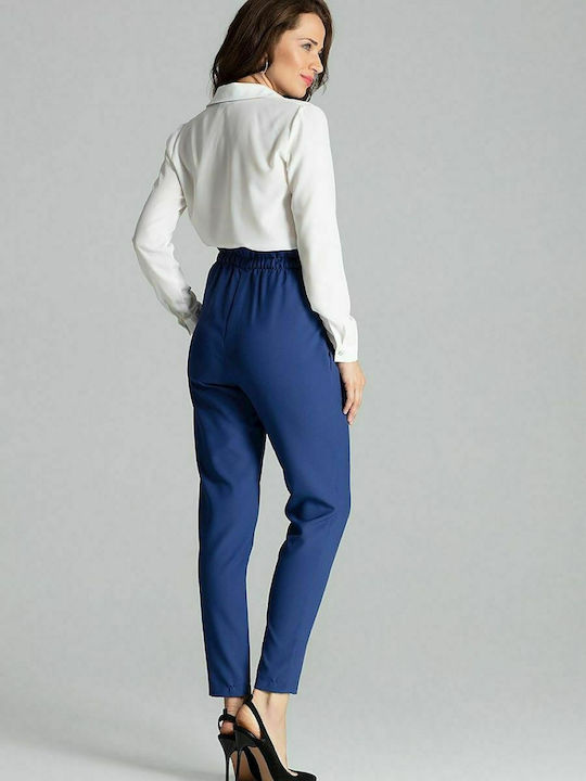 Lenitif Women's High-waisted Fabric Trousers in Tapered Line Blue