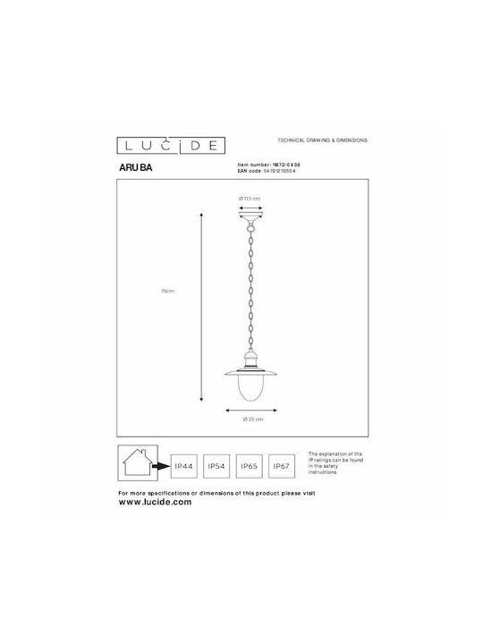 Lucide Lightning Aruba Outdoor Hanging Ceiling Light E27 in Black Color 11872/01/30