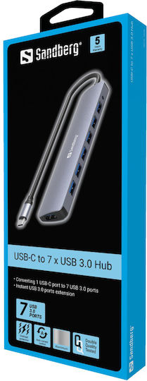 Sandberg USB Хъб 7 Порта USB 3.0 с USB-C Сив