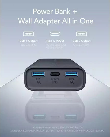 Veger ACE100 Power Bank 10000mAh 20W με 2 Θύρες USB-A και Θύρα USB-C Power Delivery / Quick Charge 3.0 Μαύρο