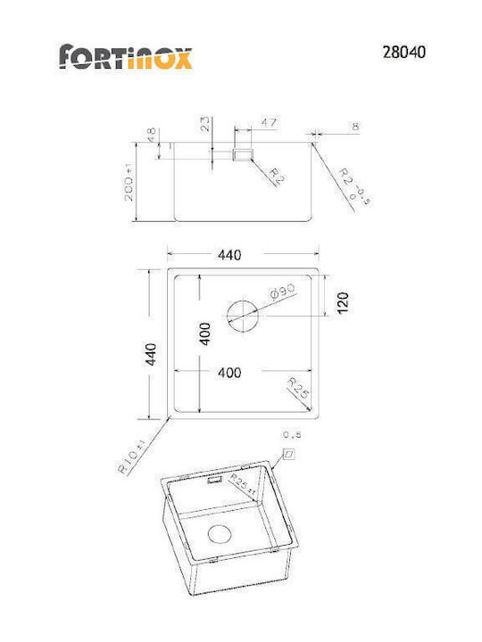 Fortinox Squadro 28040 108-28040-110 Undermount Sink Inox Satin W44xD44cm Silver