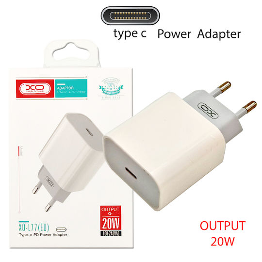 XO Зарядно без кабел с USB-C порт 20W Power Delivery Бял (L77)