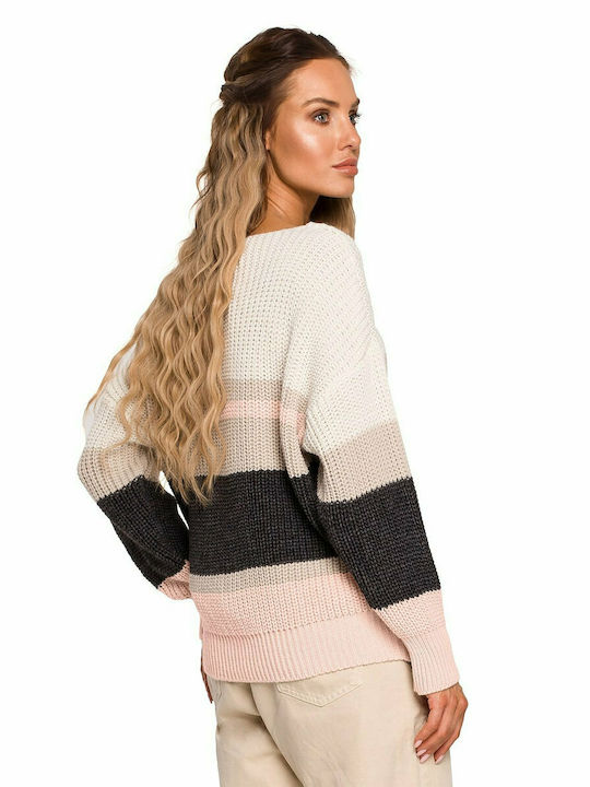 MOE Damen Langarm Pullover mit V-Ausschnitt Gestreift Beige