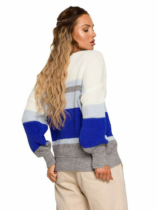 MOE Damen Langarm Pullover mit V-Ausschnitt Gestreift Blau