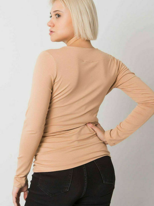 Fancy Women's Blouse Long Sleeve with V Neckline Beige