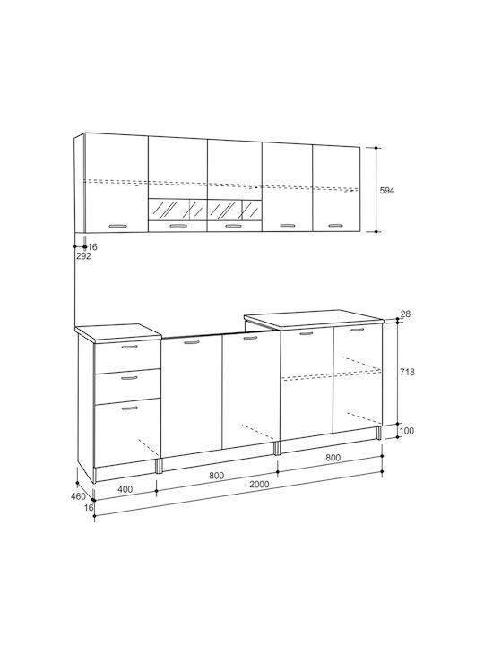 Set Hängeschränke & Bodenschränke Küche mit Arbeitsplatte Sonoma / White 200x29.2x59.4Stück