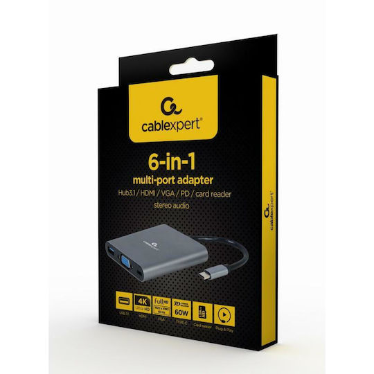 Cablexpert USB-C Docking Station με HDMI 4K PD Γκρι (A-CM-COMBO6-01)