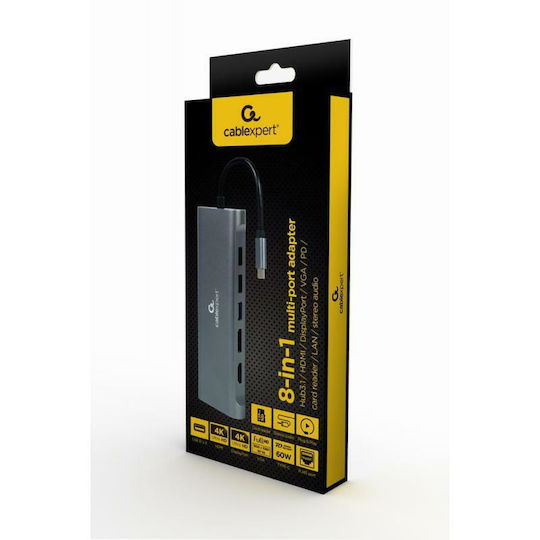 Gembird USB-C Docking Station με HDMI 4K PD Ethernet Γκρι (A-CM-COMBO8-01)