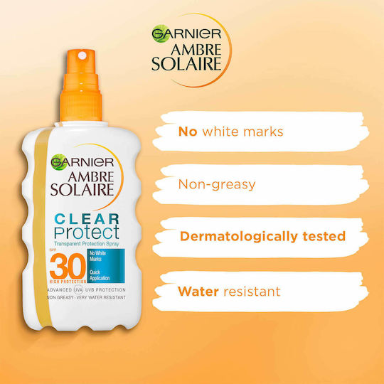Garnier Ambre Solaire Clear Protect Transparent Αδιάβροχη Αντηλιακή Κρέμα Σώματος SPF30 σε Spray 200ml