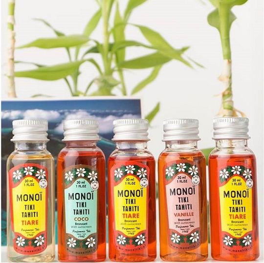 Monoi Tiki Tahiti Tahiti Bronzants Travel Size 5x Set mit Bräunungsöl & Kulturbeutel