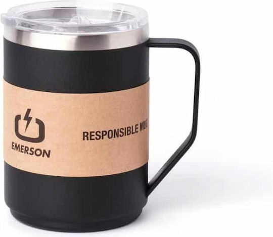 Emerson Recyclable Glass Thermos Bottle Stainless Steel BPA Free 400ml Black With Handle