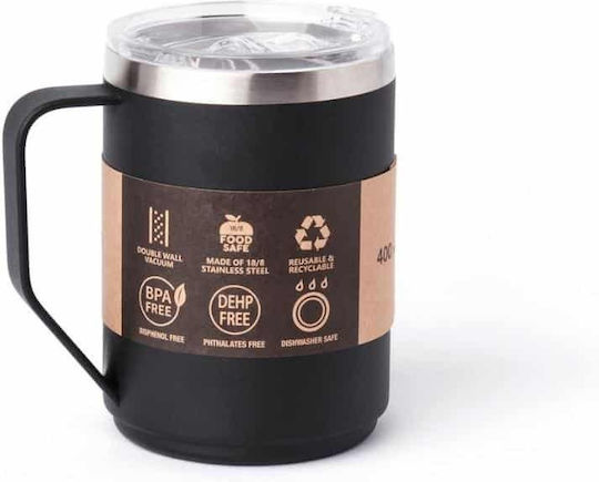 Emerson Recyclable Glass Thermos Bottle Stainless Steel BPA Free 400ml Black With Handle