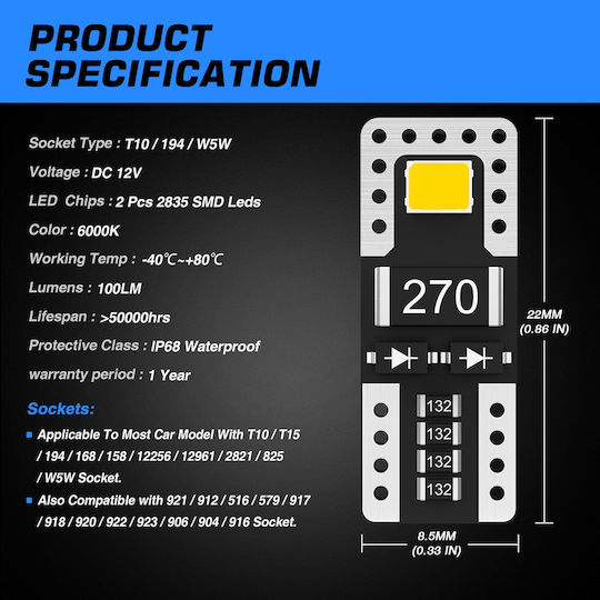 NovSight Lamps Car T10 Canbus LED 6000K Cold White 12V 2W 2pcs