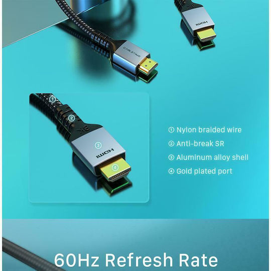 Cabletime HM8K HDMI 2.1 Ultra High Speed 48Gbps 4K 120Hz HDR VRR Braided Cable HDMI Male - HDMI Male 2m Black