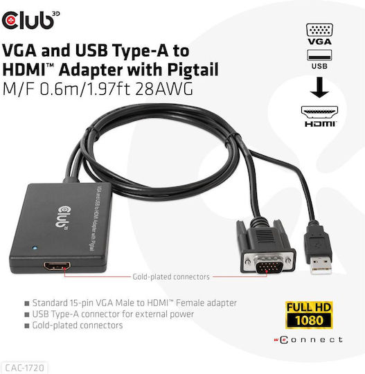 Club3D Μετατροπέας USB-A / VGA male σε HDMI female 1τμχ CAC-1720