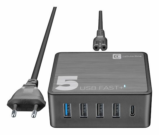 Cellular Line Ladestation mit 4 USB-A Anschlüsse und USB-C Anschluss 60W Stromlieferung / Schnellaufladung 3.0 in Blau Farbe (Desk Multipower 5)