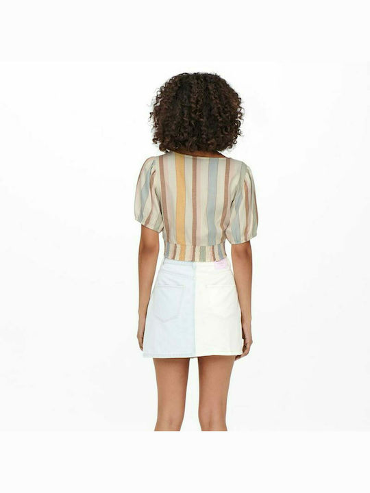 Only Women's Summer Crop Top Linen Short Sleeve with V Neckline Striped Beige