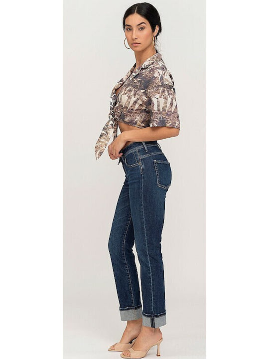 Aster Bluza Damă Crop Top De Vară Din In Mâneci Scurte Cu Decolteu În V Model Floral Bej/Maro 62-009.047.N0000