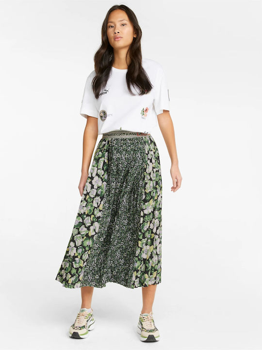 X Liberty Πλισέ Ψηλόμεση Midi Φούστα Floral Πράσινη