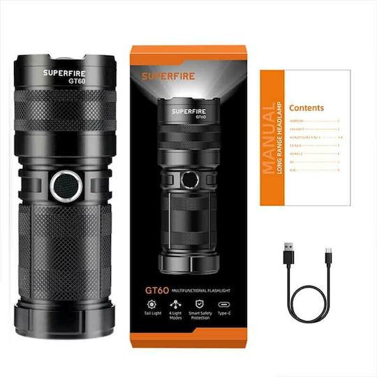 Superfire Wiederaufladbar Taschenlampe LED IP34 Doppelte Funktion mit maximaler Helligkeit 2600lm Schwarz