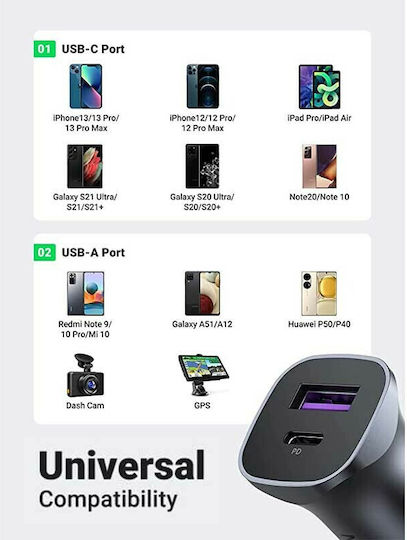 Ugreen CD130 30W Car Charger 30W 3A Fast Charging with Ports: 2xUSB Gray Color