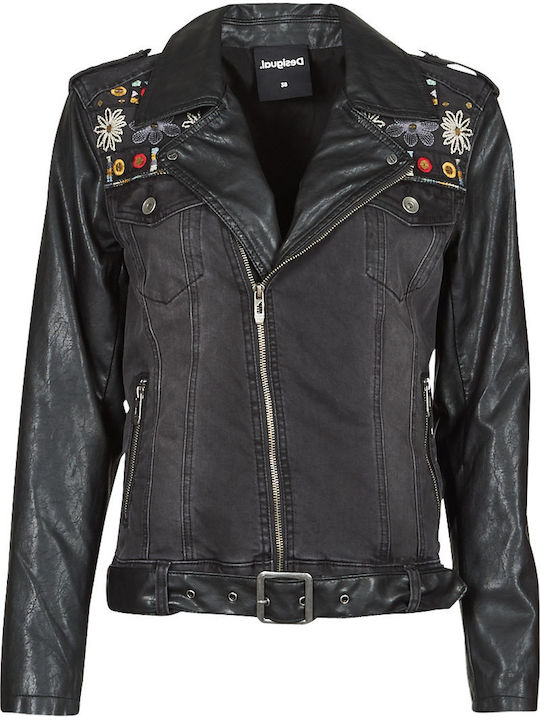 Merx Women's Short Biker Leather Jacket for Winter Black