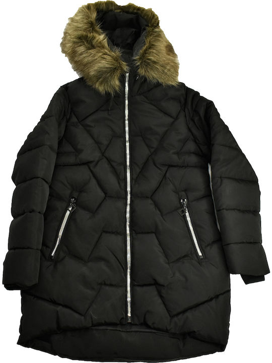 Lang Damen Puffer Jacke für Winter Schwarz