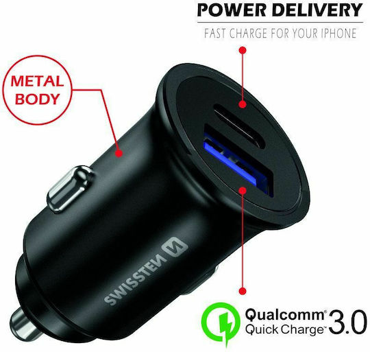 Swissten Φορτιστής Αυτοκινήτου 30W 3A με Θύρες: 1xUSB 1xType-C Μαύρος