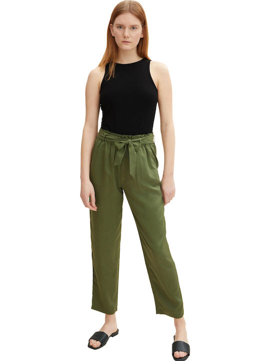 Women's High-waisted Fabric Capri Trousers with Elastic Paperbag Fit Khaki