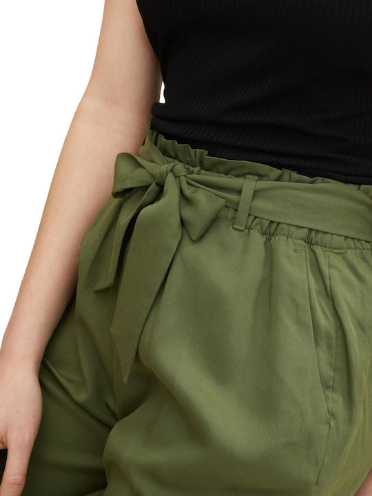 Women's High-waisted Fabric Capri Trousers with Elastic Paperbag Fit Khaki