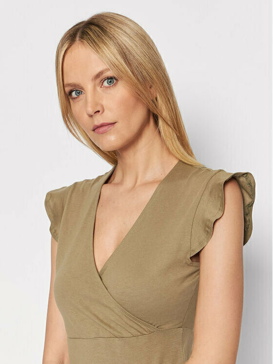 Sommer Midi Damenkleid Wickel mit Rüschen Khaki