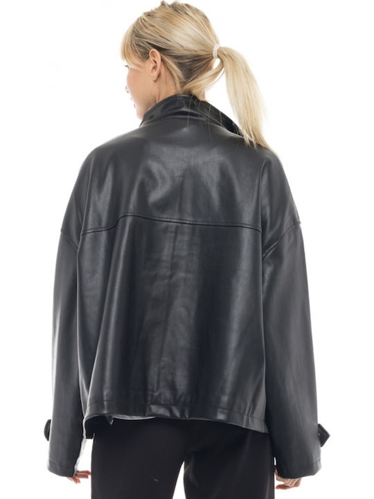 Women's Short Lifestyle Artificial Leather Jacket for Winter Black