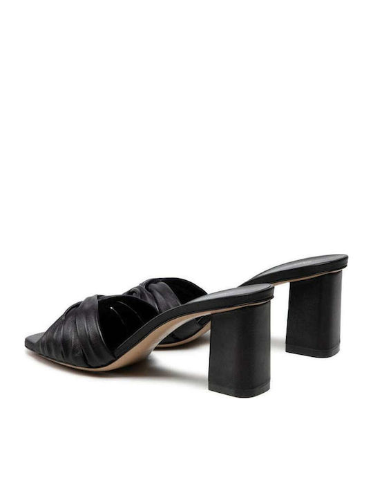 Leather Mules with Chunky High Heel in Black Color
