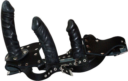 Zado Leather String with 3 Dildos Gurtzeug mit Dreifach Dildo in Schwarz Farbe