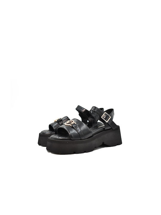 19V69 Platform Leather Women's Sandals Black with Chunky Medium Heel