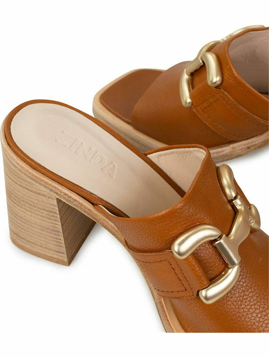 Leather Mules with Chunky High Heel in Tabac Brown Color